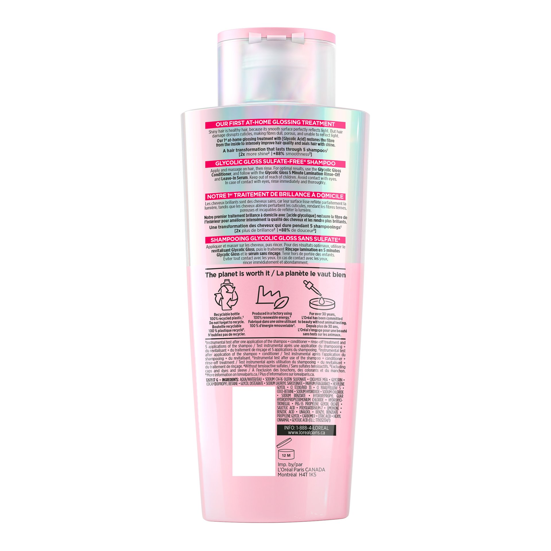 L'Oréal Paris Hair Expertise Glycolic Gloss Shine Sulfate-Free Shampoo, Back of Packaging